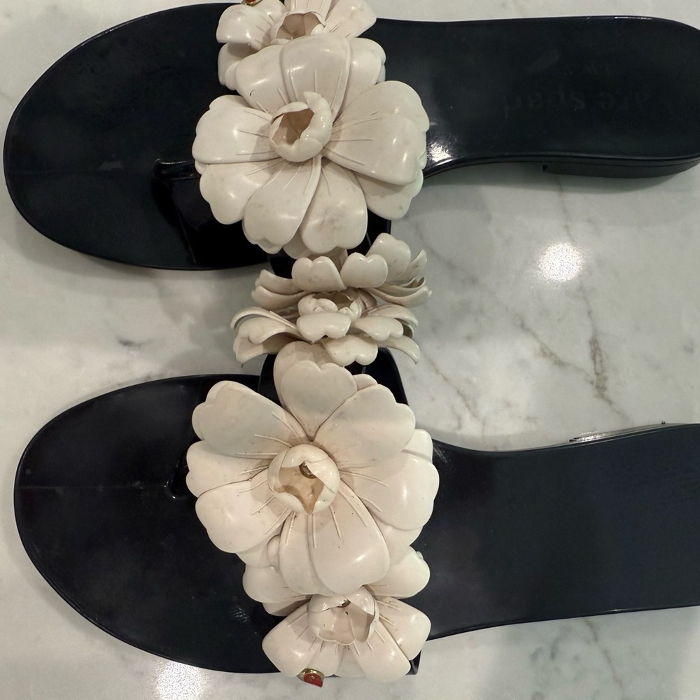 Two Pairs of sandals! Kate Spade Black and White Floral Slide Sandals/Blue